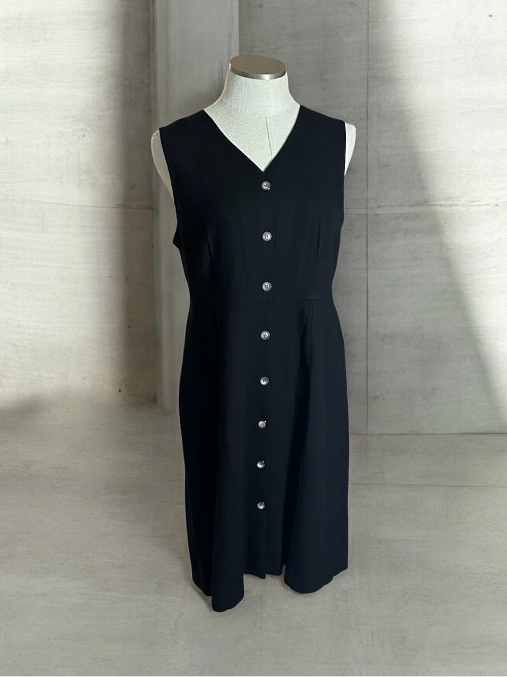 Vtg 90s Dressing Clio Black Midi Dress L Wool Blend Button Front Minimalist USA